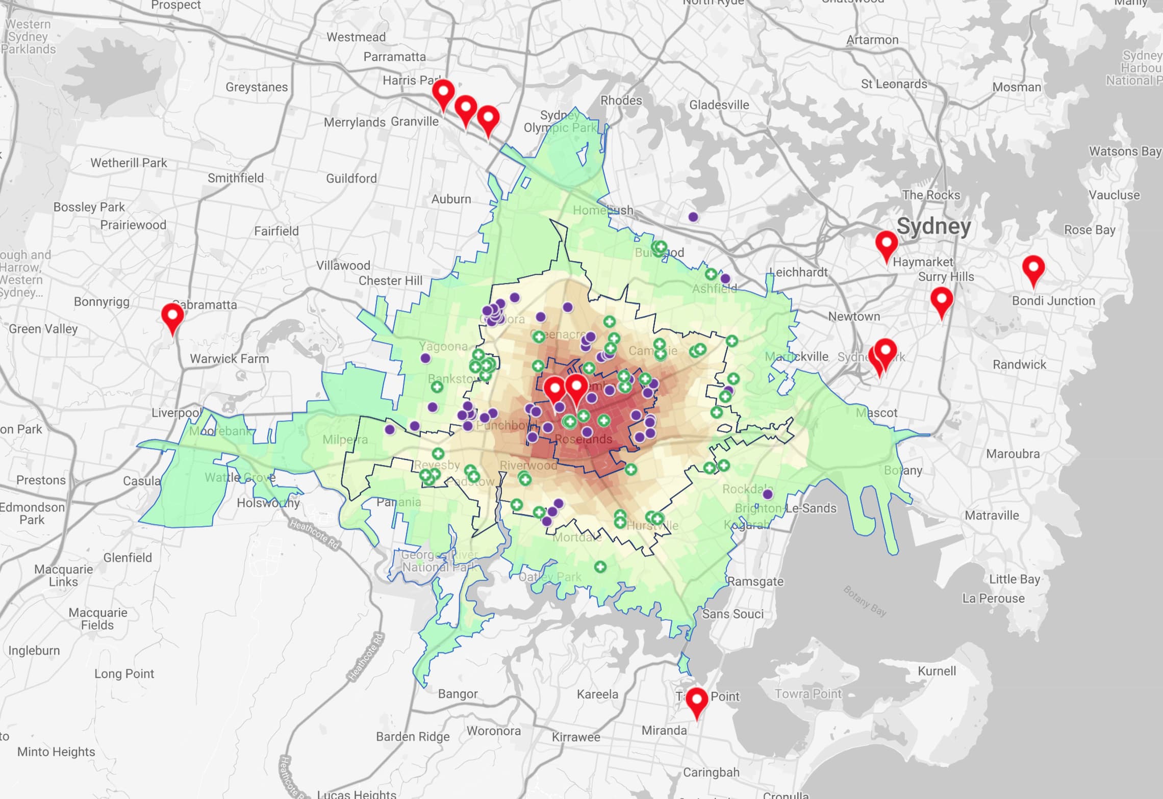 an image of weighted tradearea map for a single area and point of interests inside the area