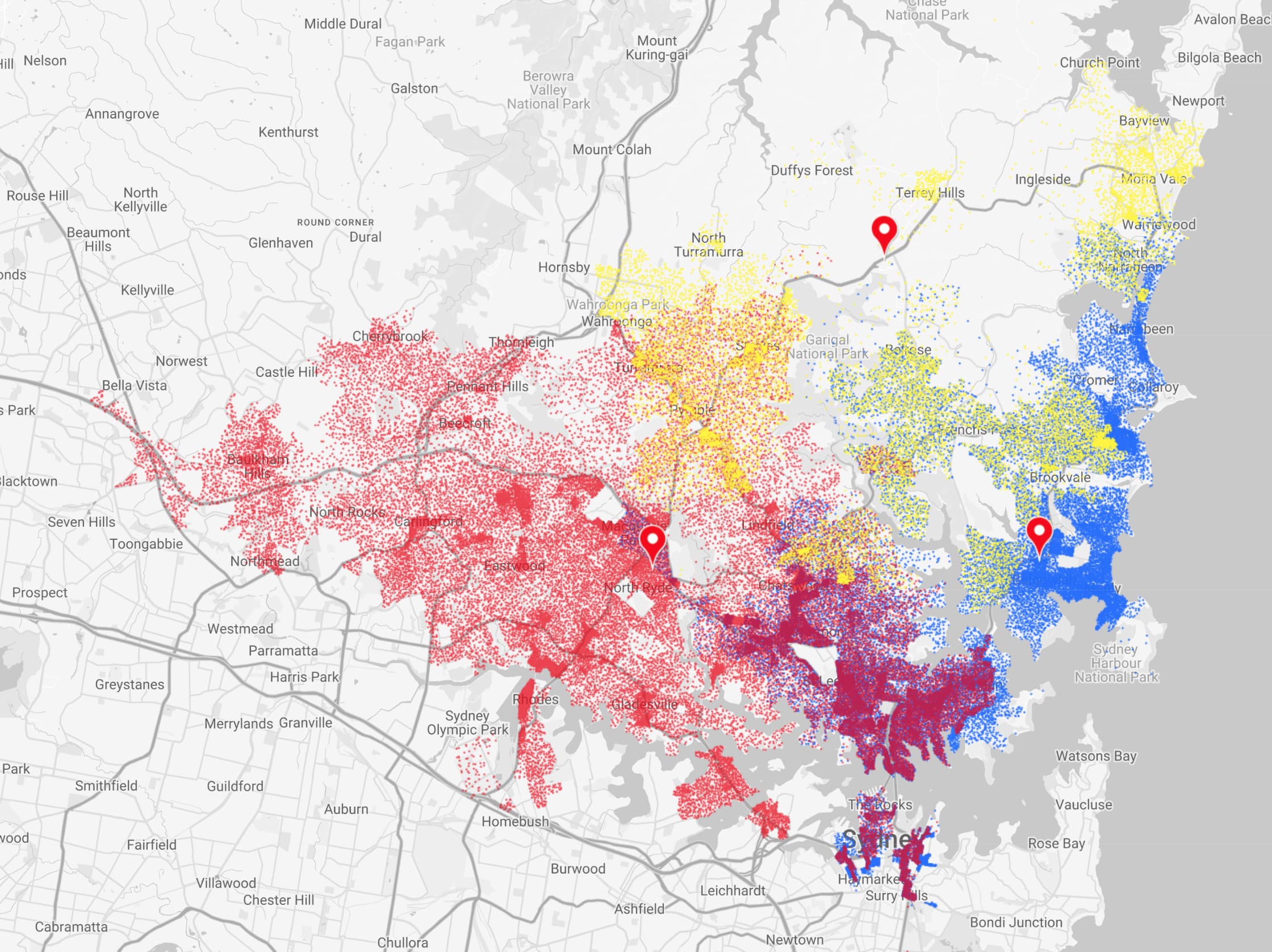 image of multiple dot-density maps with a location marker associated with each of the maps